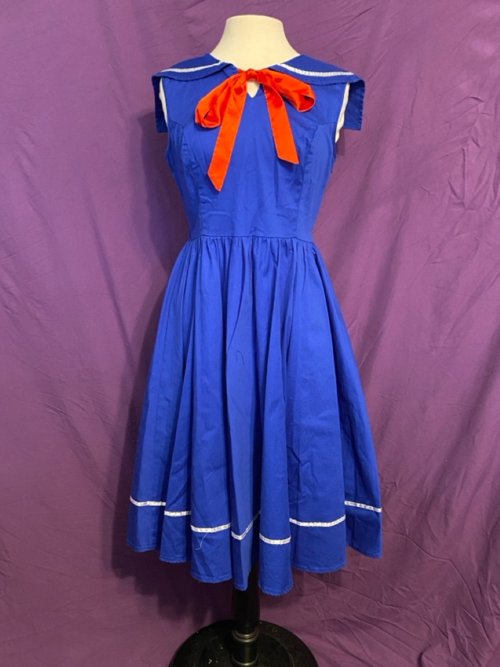 Blue Sailor-Style Fit & Flare Dress with Red Bow. Size 12.